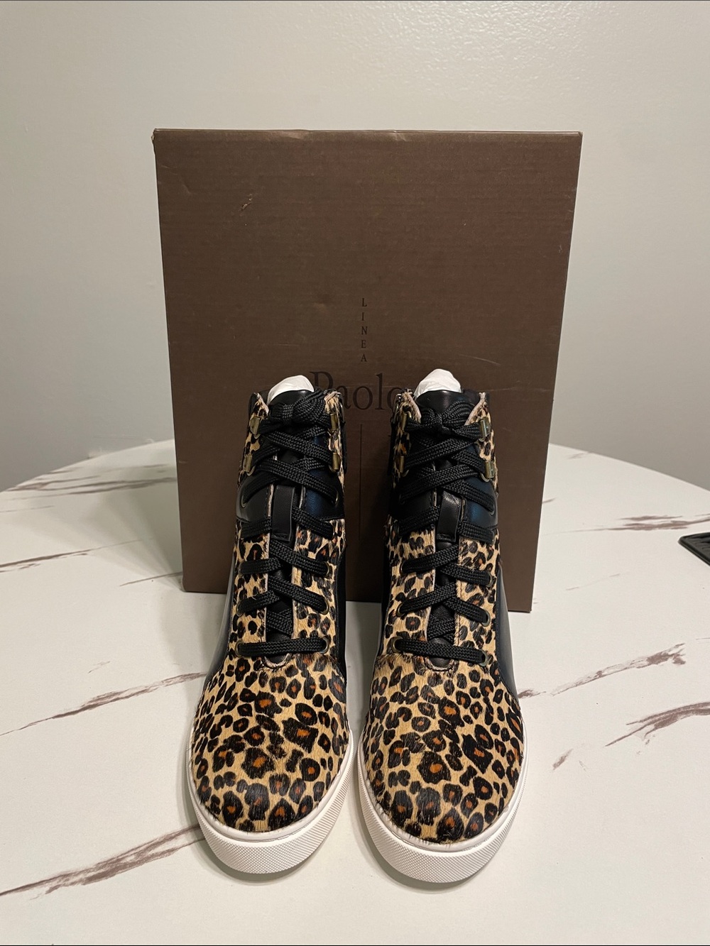 Paolo Leopard-Print RAISED HEEL Lace-Up Ankle Booties in Brown and Black